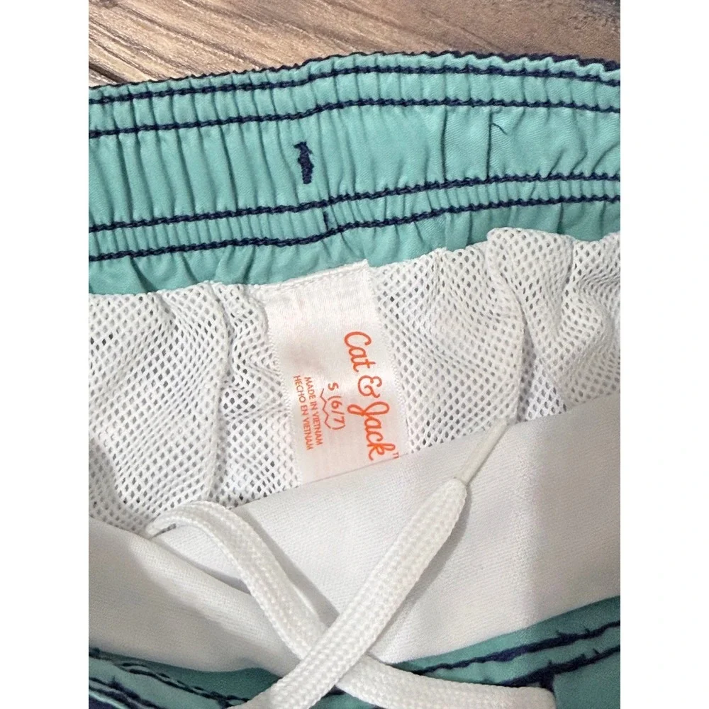Cat & Jack Boys Swim Trunks Palm Tree Tropical Board Shorts Navy Teal Size S 6/7
